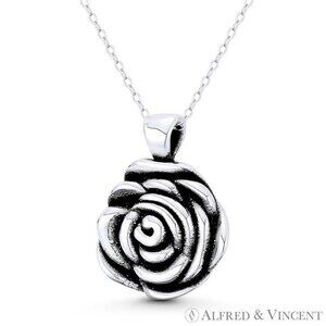 Rose Flower Charm 3D Pendant in Oxidized .925 Sterling Silver
